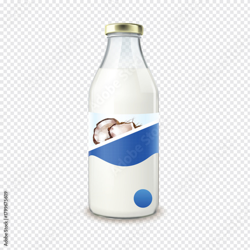 Clear glass bottle filled with creamy white milk featuring a distinctive blue label adorned with a whimsical mushroom illustration and a luxurious golden cap