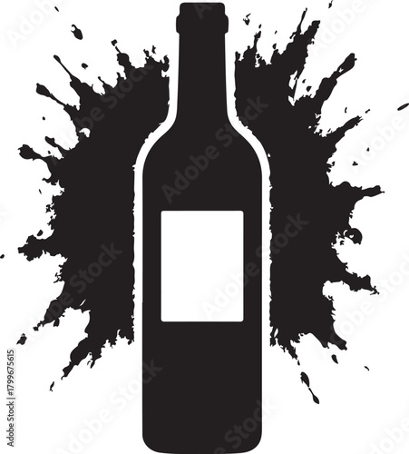 Black silhouette of a classic wine bottle with a blank label, dynamically framed by an abstract black ink splat bursting pattern, isolated. isolated on white background, Vector, illustration