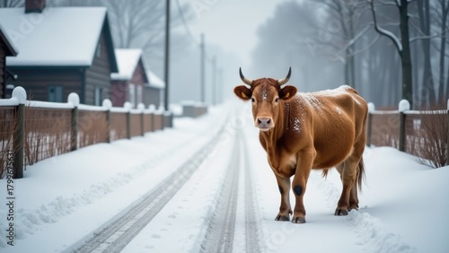 A single cow standing alone on a snow-covered road