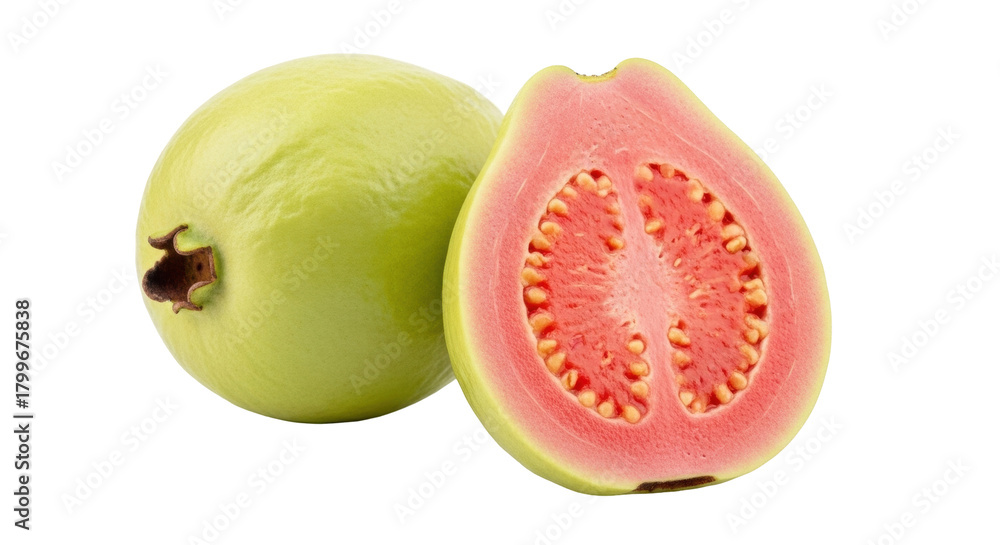 Fototapeta premium Isolated cut guava and whole fruit show the red flesh and seeds of tropical ingredient