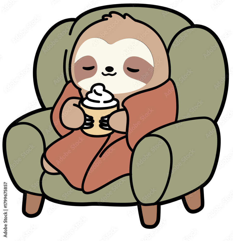 Naklejka premium Sloth Relaxing in Armchair with Hot Cocoa – Cozy Christmas Clipart