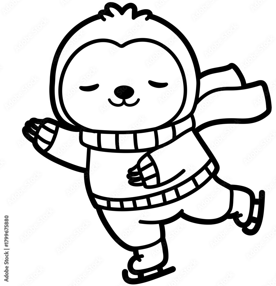 Naklejka premium Cute Sloth Ice Skating in Winter Scarf – Christmas Kawaii Clipart