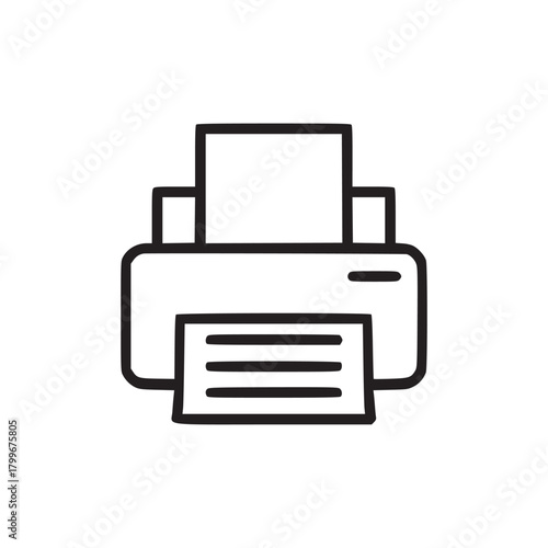 Illustration of a printer with paper coming out in black outline on a white background in simple style