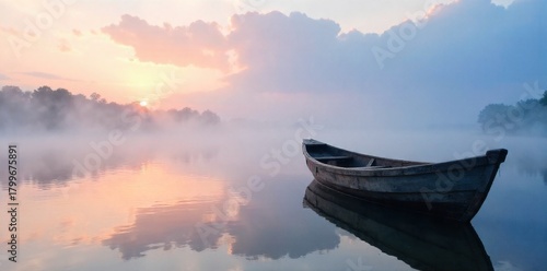 Old wooden rowboat, weathered and worn, gently bobbing near a misty lake shore at sunrise. An old, weathered wooden rowboat gently bobbing near a misty lake shore at sunrise. Soft, diffused light