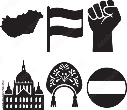 Hungarian national heritage symbols: map, flag, parliament, defiant fist, and traditional folk art celebrating culture, history, and identity isolated on white background, Vector, illustration