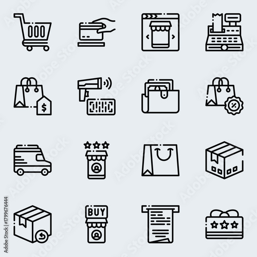 A collection of minimalist line icons representing e-commerce, online shopping, retail, and business concepts, featuring shopping carts, credit cards, delivery vans, and payment systems
