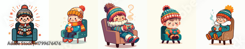 vector of a little boy sitting drinking warm coffee in the snow
