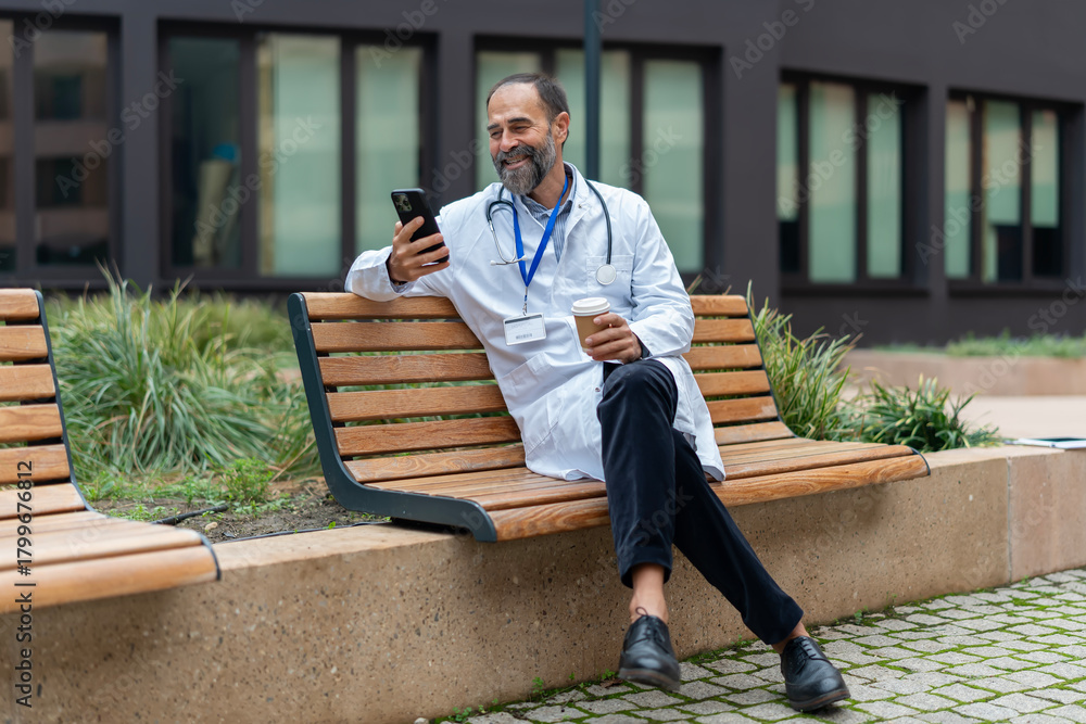 Fototapeta premium Doctor smiling, using smartphone during coffee break