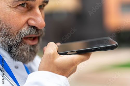 Quadro su tela Doctor recording voice message on smartphone for communication