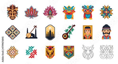 Collection of diverse cultural flat vector icons with masks, instruments, patterns
