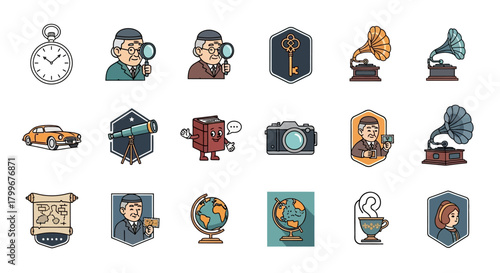 A collection of pixel art icons featuring vintage items, exploration tools, and characters