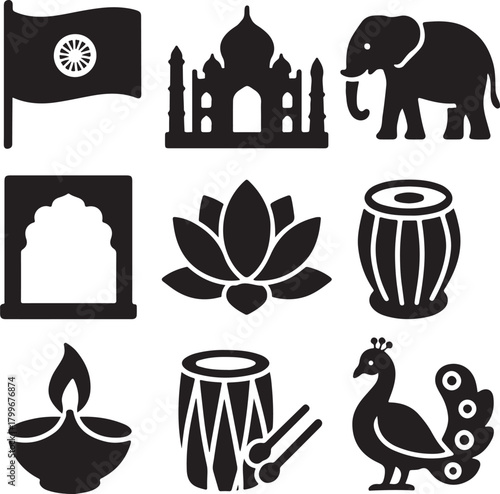 Indian cultural symbols collection: national flag, taj mahal, elephant, lotus flower, tabla, dholak, diya, peacock, and archway icon set isolated on white background, Vector, illustration