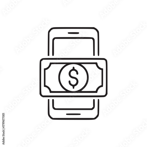 A line drawing of a smartphone with a dollar bill icon in the center on a white background image