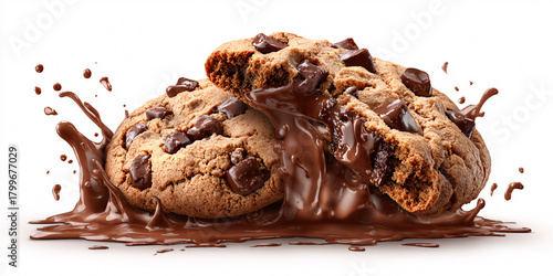 Delicious chocolate chip cookies with melting chocolate splash on white background Concept of sweet dessert, indulgence, and bakery