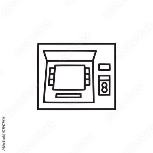 A simple line drawing of an atm machine with a screen and buttons in a square frame on white background