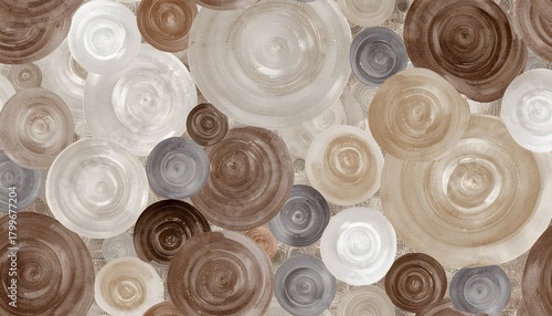 Seamless flat texture background composed of layered, hand-painted concentric circles in earthy brown, beige, and gray watercolor tones