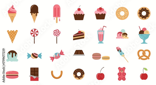 A grid of colorful, stylized illustrations depicting various sweet desserts and candies