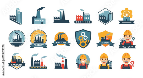 Set of various stylized industrial factory icons and emblems, with worker illustrations