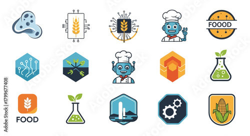 Grid of flat design icons depicting food, technology, agriculture, and chef robots