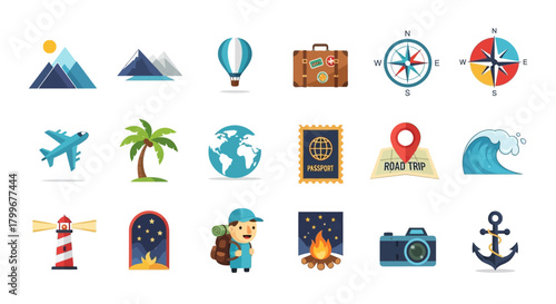 Collection of pixel art travel icons, featuring mountains, landmarks, and travel elements