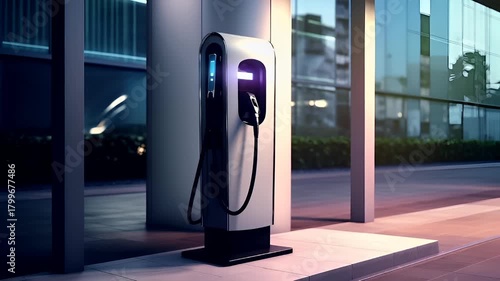 An electric vehicle charging station with a sleek, modern design, featuring a white and black color scheme with a touch of blue lighting. The charging station is situated on a sidewalk.