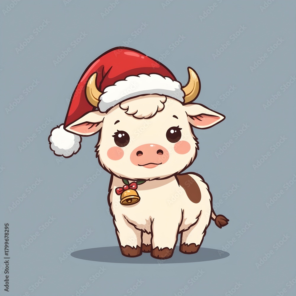 Fototapeta premium Adorable Fluffy Calf Santa Hat with Bell