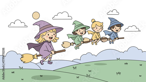 Adorable cartoon witches flying on broomsticks over a whimsical landscape