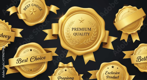 Set of golden premium quality seal badges illustration of elegant labels with ribbons product guarantee and choice promotions