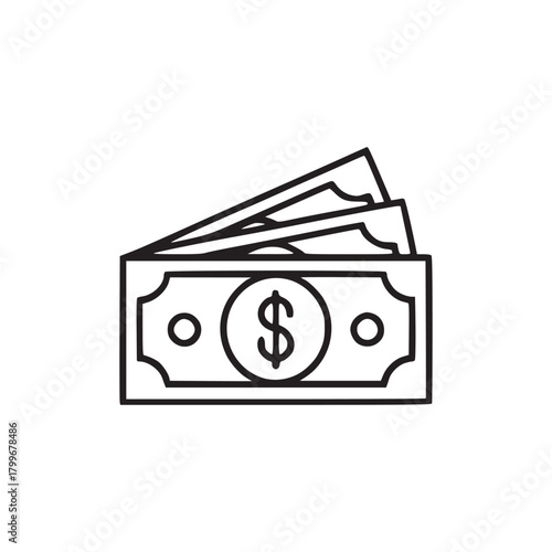 A simple line drawing of a stack of dollar bills with a dollar sign on the front of the stack