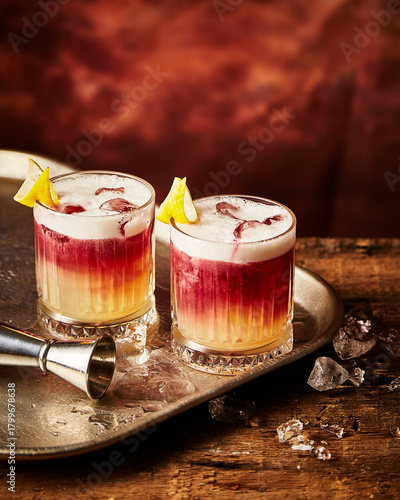 Two-Tone Whiskey Sour Cocktails with Foam and Citrus Garnish on Rustic Tray
