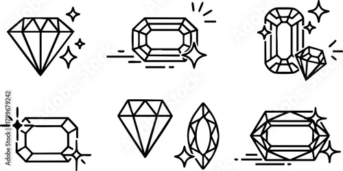 Diamond and gemstone sparkle vector outlines with shining effects and various shapes in black and white design