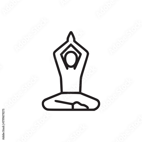 Line drawing of a person in a lotus position with hands raised above their head in prayer pose