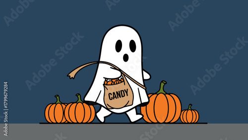 Cute Halloween ghost character collecting candy with pumpkins, trick-or-treat illustration