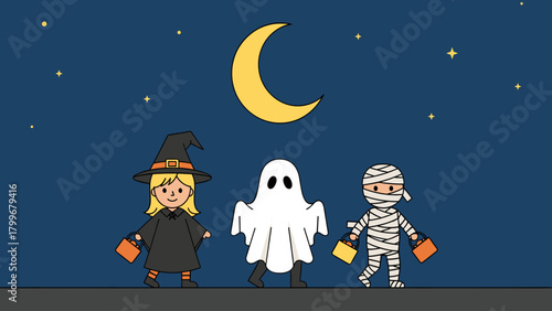 Cute cartoon Halloween trick-or-treaters: Witch, ghost, and mummy walking at night under a crescent moon and stars.