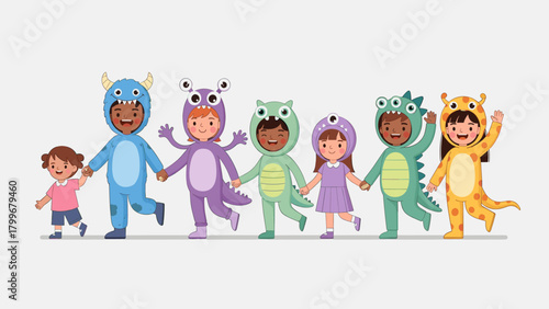 Happy Diverse Children in Colorful Monster and Animal Costumes Holding Hands