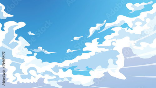 Bright Blue Sky Explosion With Swirling Clouds – Dramatic Anime Skyburst Vector Illustration
