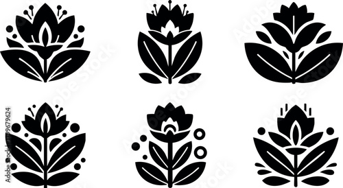 Floral decorative vector icons with black stylized flower designs for artistic and ornamental use