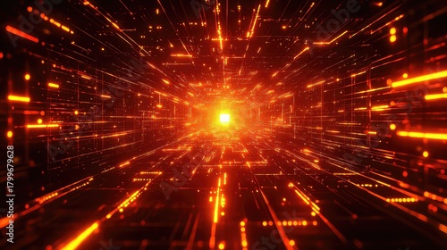 Fototapeta Naklejka Na Ścianę i Meble -  Digital data stream flowing through abstract red tunnel