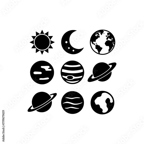 Collection of celestial body icons including sun moon and planets