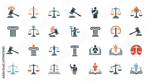 A collection of colorful flat design icons representing law, justice, and legal concepts