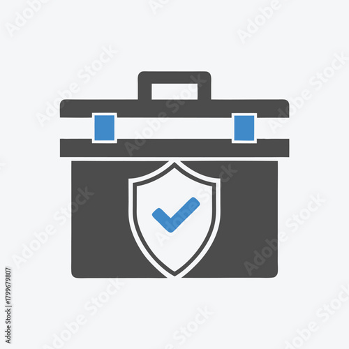Isolated briefcase displays a shield icon with blue checkmark, indicating security and protection