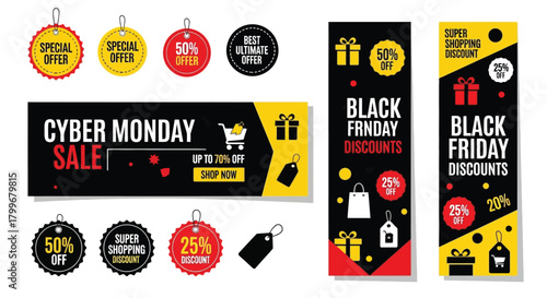 Set of sale banners Cyber Monday and Black Friday featuring discount offers and shopping icons advertising campaigns