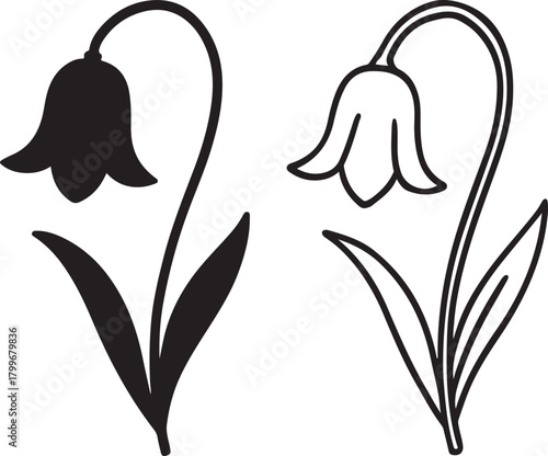 Stylized bellflower silhouette and outline illustrations, minimalist floral vector graphics for botanical designs, nature, decoration, and web art. isolated on white background, Vector, illustration