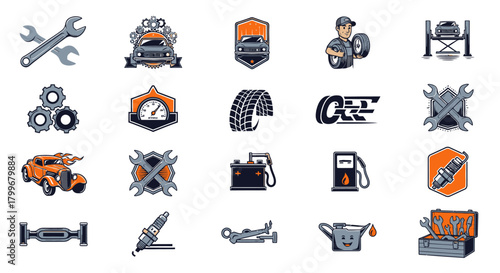 A collection of stylized automotive repair illustrations, including tools, vehicles, and parts