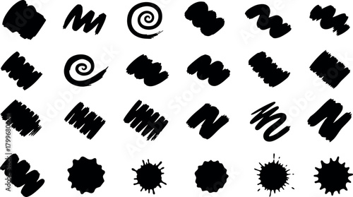Set of black ink brush strokes and splatters vector collection for creative design and artistic projects