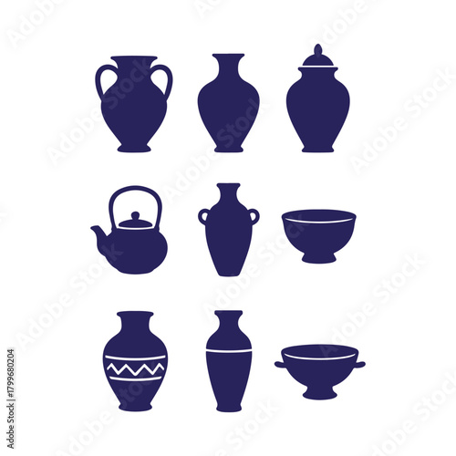 Collection of dark blue ceramic pottery silhouettes