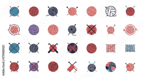 Colorful flat icon collection of yarn, knitting needles, crochet hooks, and fabric