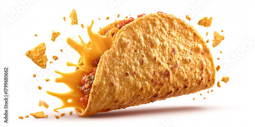 Delicious crunchy taco with melted cheese explosion and flying tortilla chips on a white background Concept of fast food, Mexican cuisine, and tasty snack