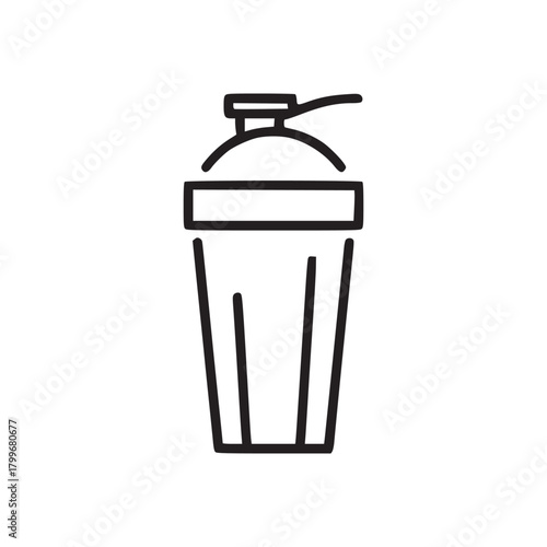 A minimalist outline drawing of a protein shaker bottle on a plain white background in simple style