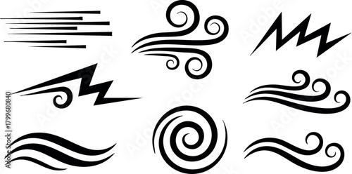 Abstract wind and air flow vector icons in black simple design for natural elements and weather symbols